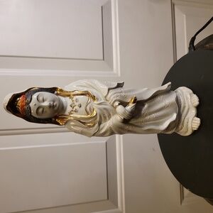 Japanese Kutani Pottery Statue Buddha Kannon Bodhisattva Porcelain Bisque Signed